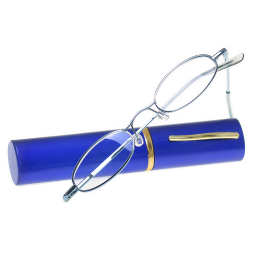 Mini leesbril blauw in metalen koker (+2.50 dpt.)